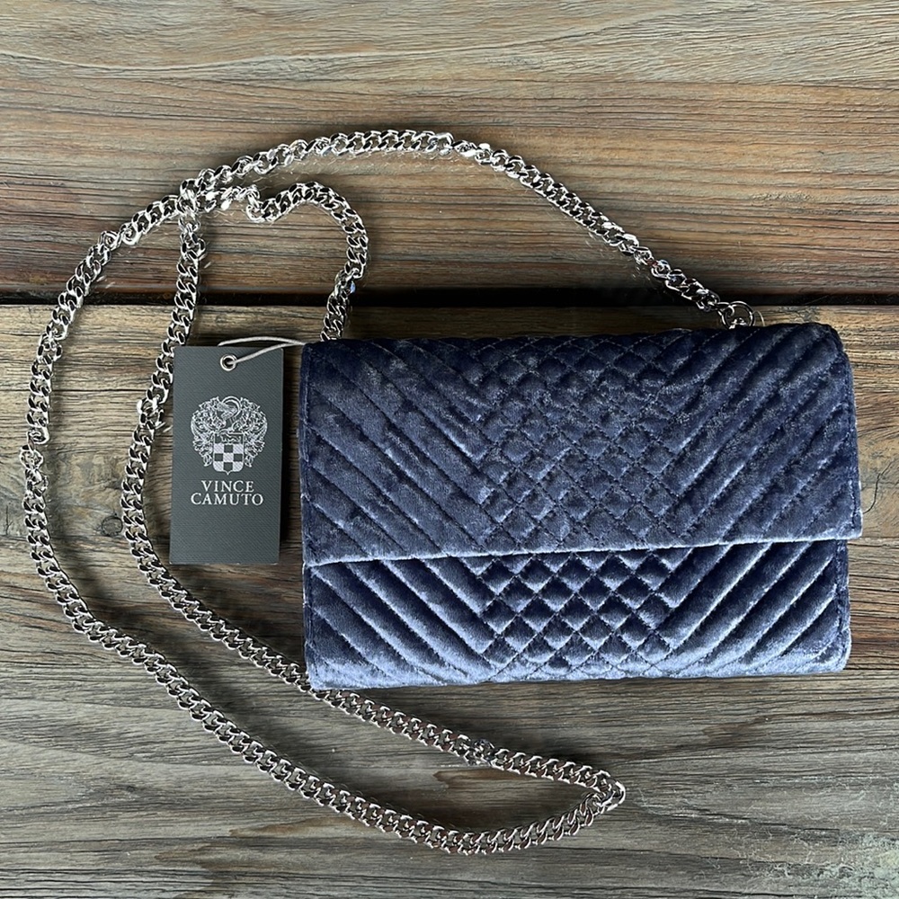 Vince Camuto, blue velvet patterned clutch bag with detachable silver chain